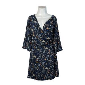 H&M Floral Mini Wrap Dress Womens Large Blue Orange 3/4 Sleeve V-Neck Mod Career